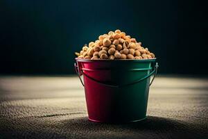 a bucket filled with peanuts on a dark background. AI-Generated photo