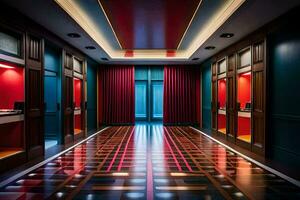 a hallway with red and blue walls and a checkered floor. AI-Generated photo