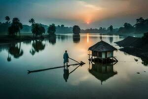 a man stands on a boat in front of a hut. AI-Generated photo