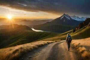 a person walking on a dirt road in the mountains. AI-Generated photo