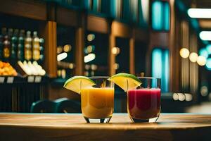 two glasses of juice on a wooden table. AI-Generated photo