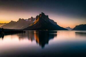 el montañas son reflejado en el agua a puesta de sol. generado por ai foto