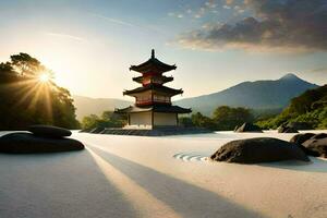 a pagoda sits in the middle of a sandy beach. AI-Generated photo