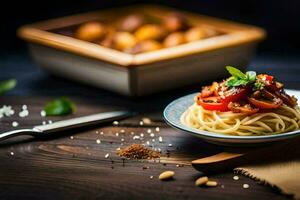 espaguetis con Tomates y albahaca en un de madera mesa. generado por ai foto