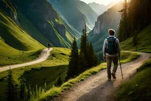 hombre caminando en un camino en el montañas. generado por ai foto