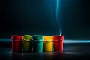five colorful buckets with smoke coming out of them. AI-Generated photo