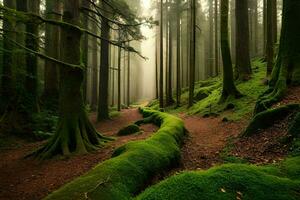 un camino mediante un bosque con cubierto de musgo arboles generado por ai foto