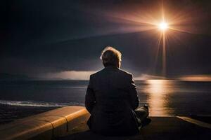 a man sitting on the edge of a dock looking at the sun. AI-Generated photo