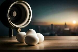 eggs on a table in front of a speaker. AI-Generated photo