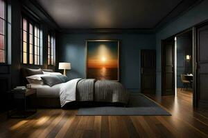 un dormitorio con oscuro madera pisos y un grande cuadro. generado por ai foto