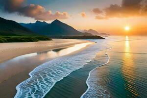un hermosa playa con olas y montañas a puesta de sol. generado por ai foto