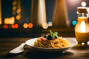 espaguetis con arándanos y albahaca en un lámina. generado por ai foto