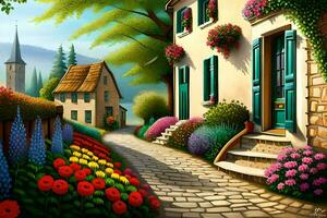 a painting of a house with flowers and flowers. AI-Generated photo