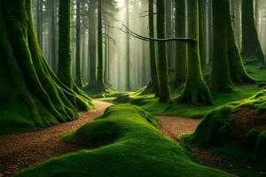 un camino mediante un bosque con verde musgo. generado por ai foto