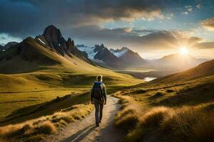 a man walks on a path in the mountains. AI-Generated photo