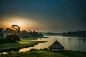 the sun rises over the river and a hut in the foreground. AI-Generated photo