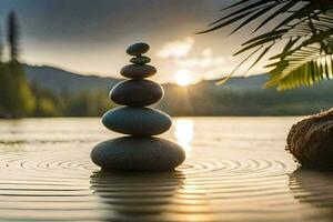 a stack of stones in the water at sunset. AI-Generated photo