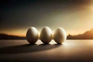 Tres huevos son sentado en un mesa en frente de un puesta de sol. generado por ai foto