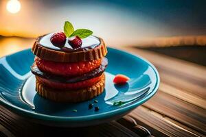 un plato con un pastel y bayas en él. generado por ai foto