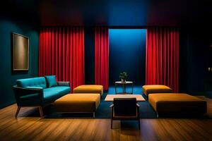 a room with blue couches and red curtains. AI-Generated photo