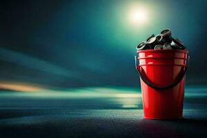 a red bucket filled with black plastic bottles. AI-Generated photo