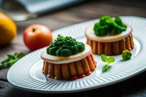 two small cakes with broccoli on a white plate. AI-Generated photo