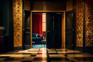 the entrance to a hotel with a black door and a checkered floor. AI-Generated photo