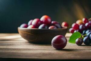 grapes in a bowl on a wooden table. AI-Generated photo