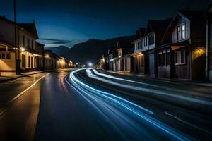 un largo exposición fotografía de un calle a noche. generado por ai foto