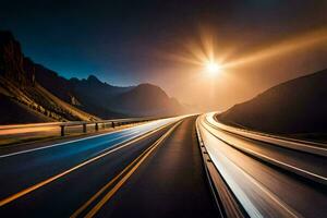 un largo exposición fotografía de un autopista a noche. generado por ai foto