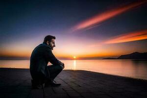 un hombre sentado en el suelo mirando a el puesta de sol. generado por ai foto