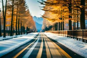 un Nevado la carretera con arboles en el antecedentes. generado por ai foto