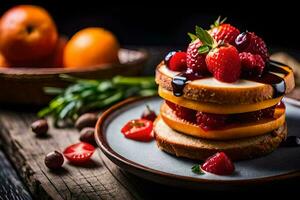 a stack of pancakes with berries and syrup. AI-Generated photo