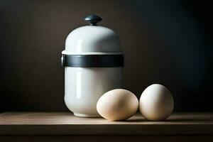 two eggs sit next to a white container. AI-Generated photo