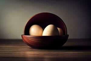 Tres huevos en un de madera cuenco en un mesa. generado por ai foto