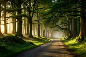 un la carretera mediante un bosque con arboles y Dom. generado por ai foto