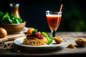 spaghetti with tomato sauce and berries on a plate. AI-Generated photo