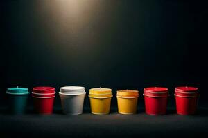 a row of colorful paper cups on a black background. AI-Generated photo