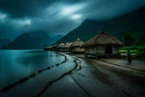 a woman walks along the shore of a lake under a dark sky. AI-Generated photo