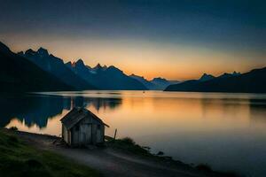 un pequeño choza se sienta en el apuntalar de un lago a puesta de sol. generado por ai foto