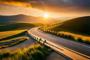 el Dom sube terminado un devanado la carretera en el campo. generado por ai foto