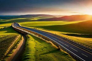 a highway runs through the countryside at sunset. AI-Generated photo