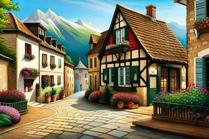 a painting of a small town with flowers and houses. AI-Generated photo