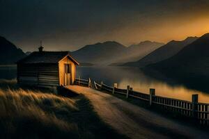 a small cabin sits on the shore of a lake at sunset. AI-Generated photo