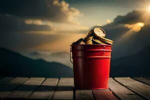 a red bucket with coins on top of a wooden table. AI-Generated photo