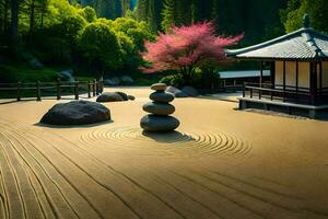 a japanese garden with a pagoda and rocks. AI-Generated photo