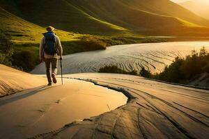 un hombre con un mochila camina a lo largo un río. generado por ai foto