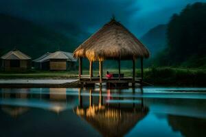 a hut sits on the shore of a lake with a hut in the background. AI-Generated photo