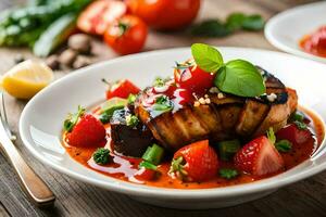 grilled salmon with tomatoes and basil on a plate. AI-Generated photo