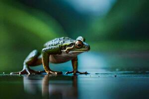 a frog is standing on the wet ground. AI-Generated photo